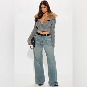 Fashion Nova Lola Faux Fur Collar Cable Knit Cardigan Gray Size XL NWT